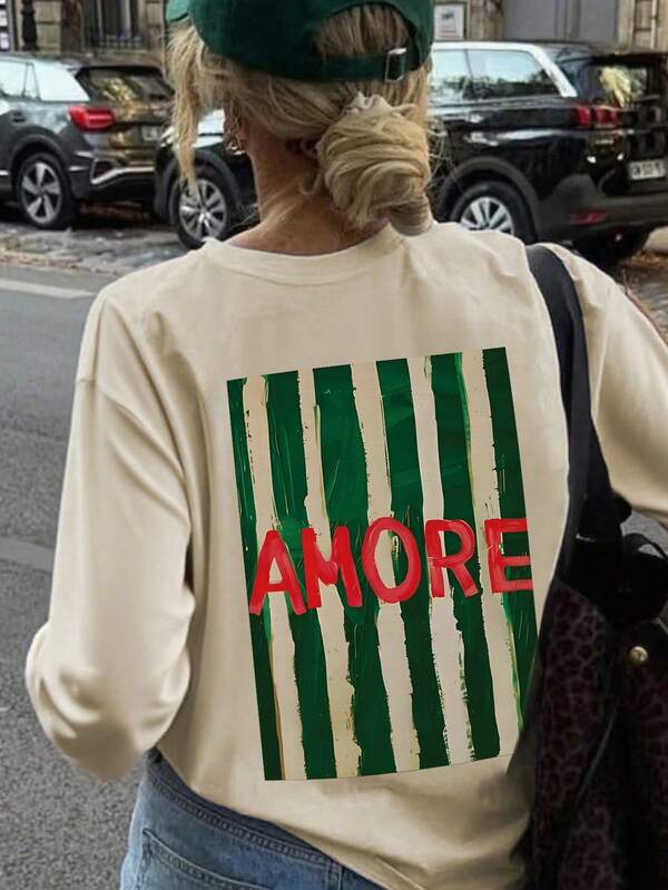 Neuer modischer Herbst/Winter gestreifter rot & grün farbiger Muster Lässig Rundhals Langarm T-Shirt, modisches & vielseitiges Damen Top