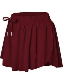 CourtClass Sport Plus Size Women's Sport Tennis Skirt Golf Skorts Ladies' Solid Color Simple Drawstring Pleated Skort For Athletic Skirt, Breathable Material For Badminton, Tennis, Yoga, Running And Marathon Skirt Shorts, 2 In 1 Flówy Fitness Shorts For Women - 酒紅色 - 查看 3