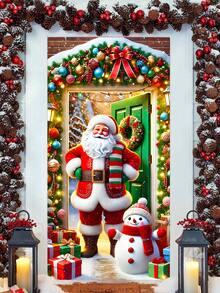 Tenda da porta versatile in poliestere con Babbo Natale e pupazzo di neve - Design rustico vintage per Natale, Ognissanti, Ringraziamento e altro - 90x180 cm, ideale per Natale, perfetta per il Ringraziamento