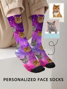 1 Pair Customized Face Women's Mid-Calf Socks, 'Put Any Face On Socks', Photo Printed Sky Cat Personalized Socks, Funny Custom Picture Couple Long Socks, Suitable For Valentine's Day, Birthday Gifts And Other Occasions, Fall