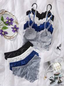 4PCS Women's Lace Non-Wire Bra And Panties Set Transparent Low Rise Briefs Ultra-Thin Comfort Underwear Female Bralette Lingerie - 彩色 - 查看 2