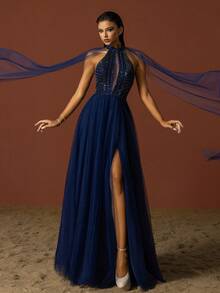 VIPGIRL 挂脖网眼拼布开衩优雅晚礼服 - 藏蓝色 - 查看 6