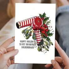 [Funny Holiday Card] 1pc Funny Holiday Card - Humorous Greeting Card With Red Hair Dryer & Holly Design | "Happy Holidays To My Favorite Hairdresser" - Perfect For Women, Friends & Family
