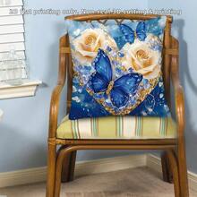 TOPSSCTR 4 Stücke, 2D Flach Digital Bedruckte Elegante Blumen & Schmetterling Dekorative Kissenbezüge - Einseitig Blau & Golden Blumen Bedrucktes Design, Weicher Polyesterstoff, 45x45 cm Quadratisch mit Reißverschluss, Maschinenwaschbar für Sofa, Schlafzimmer, Wohnzimmer Dekoration, Schlafzimmer Accessoires, Leuchtende Kissenbezüge