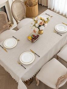 1pc Elegant Cream-Colored Linen Tassel Tablecloth, Rectangular European Style Coffee Table/Bedside Cabinet Cloth, Washable, Suitable For Farmhouse, Kitchen, Dining Table, Dinner, Family Gathering, Buffet, Wedding, Hotel Decor, Daily Home Decor, Thanksgiving Party Decoration