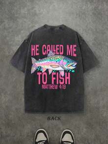 Retro Washed T-Shirt Double Sided Printed (230 Pure Cotton T-Shirt) 'HE CALLED ME TO FISH' Letter And FISH Pattern Print, Men's T-Shirt, Men's Casual Shirt, Comfortable, Fashionable T-Shirt, Street Style Cotton Unisex Plus Size Top - 黑色 - 查看 2