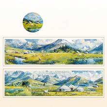 1 rolă bandă autocolantă decorativă cu tematică de ilustrații peisagistice pentru scrapbooking creativ, serie Free Wind, potrivită pentru cadouri, birou, casă, marcare, etichetare, sală de clasă, jucării de divertisment, planificator pentru studenți, accesorii DIY pentru decor vintage