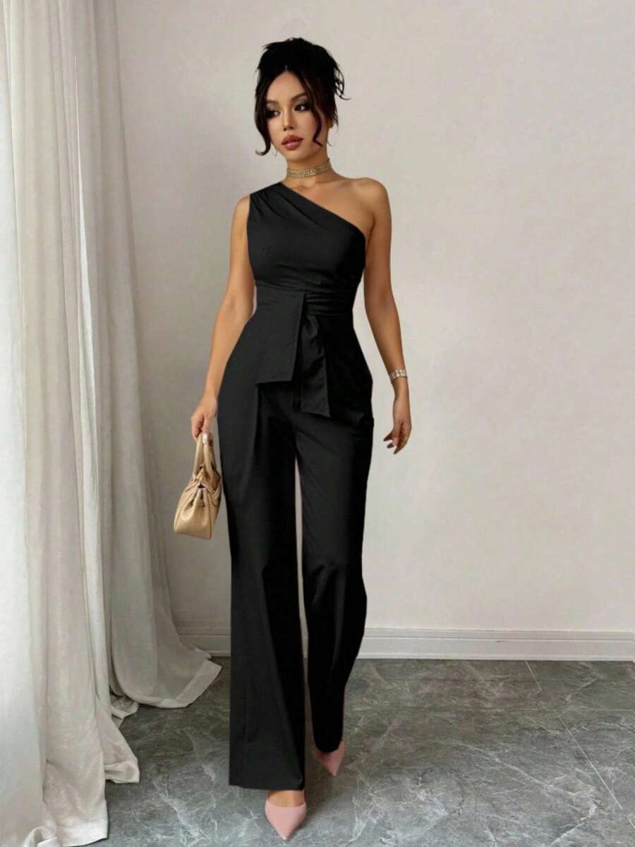 Palazzo elegante escote asimetrico un hombro detalle cintura pierna amplia suelta para mujer primavera verano comodidad frescura y estilo caida fluida que estiliza tu figura tela alta calidad suave ligero transpirable corte holgado y favorecedor - Negro - Ver 1