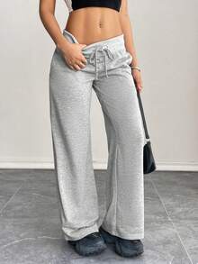 Women's Autumn Comfortable & Casual Solid-Knit Low-Rise Wide-Leg Long Sweatpants, Autumn & Winter Women's Pants - Grey - View 6