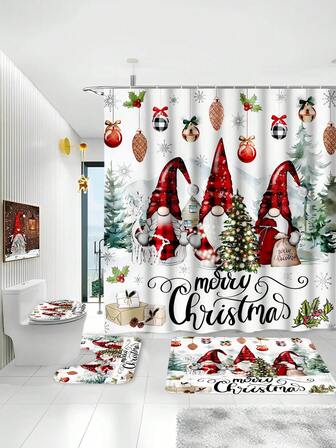 4pcs Christmas Dwarf Themed Bathroom Set (Shower Curtain, Toilet Seat Cover, 2 Bath Mats) | Classic "MERRY CHRISTMAS" Text | Cartoon Christmas Decor With Christmas Tree, Pine Cones And Snowflakes, Creating A Warm And Festive Holiday Atmosphere, Perfect Bathroom Accessories To Enhance The Christmas Spirit