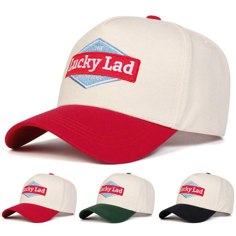 1Piece Men Letter LUCKY Embroidered Baseball Cap Outdoor Adjustable Sunscreen Leisure Hat Spring Autumn Travel Tourism Beach Vacation - 彩色 - 查看 1
