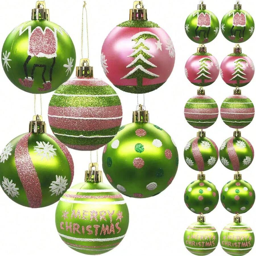 12pcs Pink Hand-Painted Electroplated Plastic Christmas Ball Ornament Set Christmas Decorations Winter Room Decor