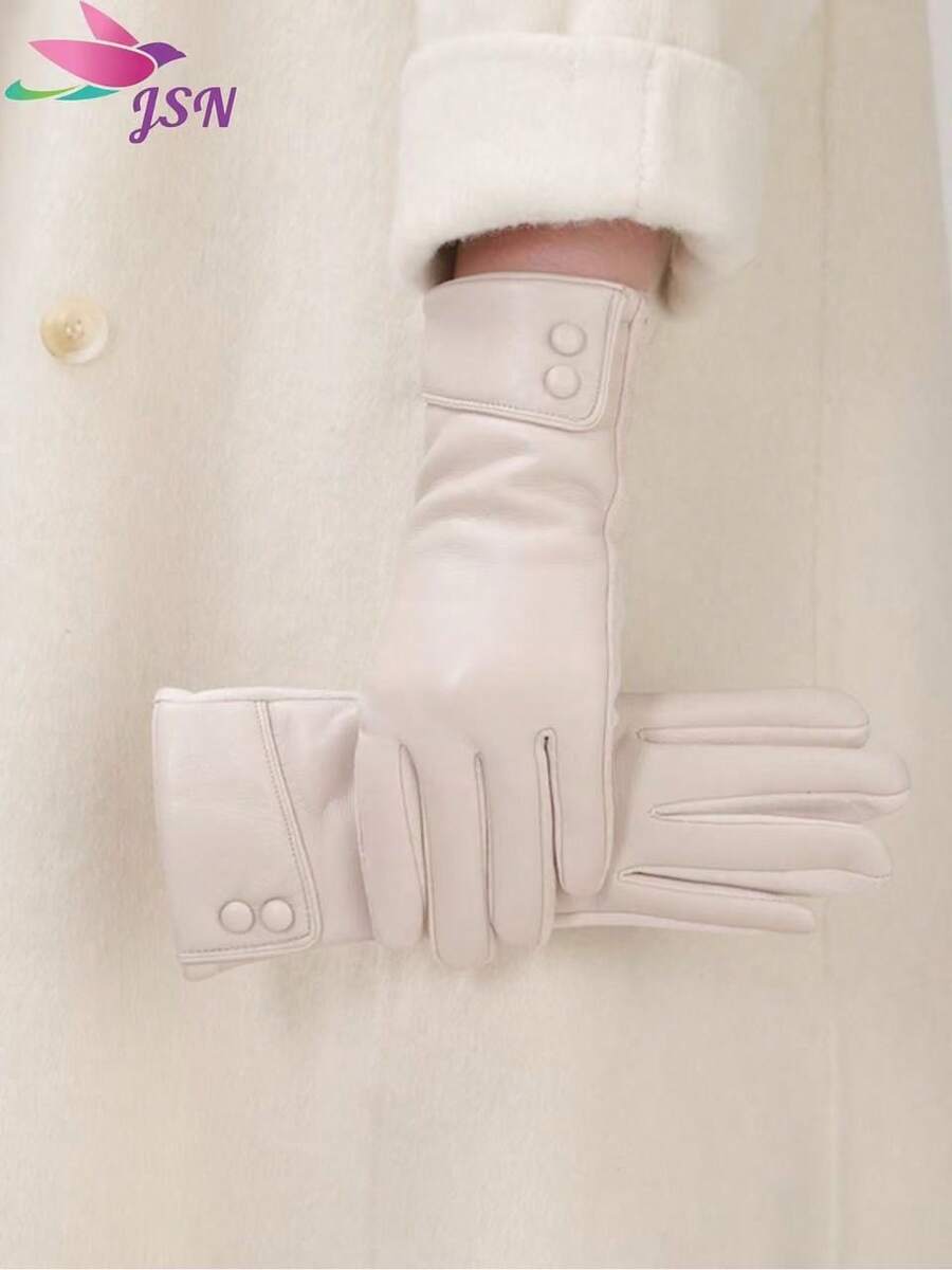 1 Pair Solid Color Casual Elegant PU Leather Buckle Women's Autumn/Winter Fashion Warm Touchscreen Gloves, Windproof Waterproof For Daily Wear All Season