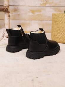 儿童冬季保暖内衬靴，简约英伦风侧拉链男女童厚底踝靴