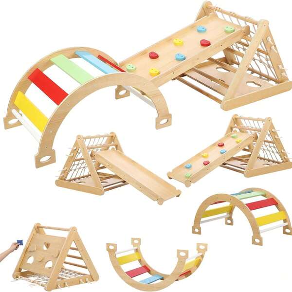 Dragonpad 3-In-1 Climbing Frame, Natural Wood, Foldable Triangle Design For Kids Indoor & Outdoor Play, Home & Daycare