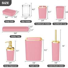浴室配件套装，9 件粉色浴室套装，配有牙刷架、垃圾桶、乳液皂液器、牙刷杯、梳妆台托盘、肥皂盒、马桶刷、新家居浴室配件支架浴室收纳浴室装饰夏季 - 彩色 - 查看 3