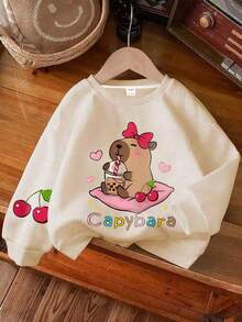 Tween Girl Cute Capybara Cartoon Print Graphic Basic Sweatshirt,Machine Washable,Comfortable & Fashionable Casual Wear Pullover