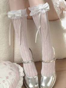 1双白色蕾丝洛丽塔过膝袜，女性化荷叶边中筒袜，日式连裤袜，洛丽塔风格，舒适袜子