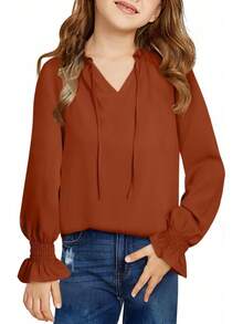 Teen Girls' Casual Blouse - V-Neck Chiffon Shirt With Smocked Cuffs And Long Sleeve - 橘紅色 - 查看 1