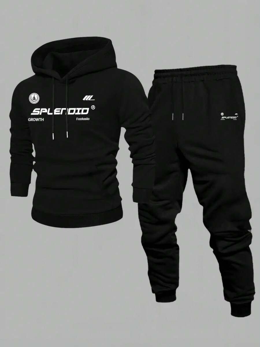 Men'S Youth Hooded Sweatshirt And Joggers Set - Pullover With "SUPERIOR GROWTH" Graphic & Matching Pants, Casual Loose Fit, Geometric Pattern, Ideal For Fall/Winter, Casual Winter Wear | Youth Apparel | Stretchy Fabric - 黑色16 - 查看 1