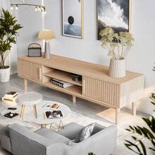 Meuble TV en bois 150 x 40 x 48 cm, tables de salon en bois avec compartiment ouvert, salle de réception, chambre, bureau, buffet bas, table d'appoint, table TV, salon (marron) - Tabac - Voir 6