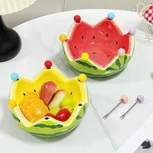 一套西瓜造型陶瓷水果盘，配有水果叉，大容量设计，适合客厅茶几使用，可用作水果碗或盘子，可爱的家居装饰品 - 彩色 - 查看 13