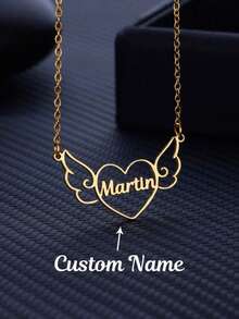 Customized Angel Wings Heart Name Necklace, Stainless Steel Personalized Necklace Pendant For Women, Unique Neck Chain Jewelry Birthday Gift - Multicolor - View 5