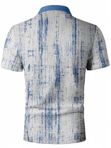 Polo de golf en tricot de nid d'abeille abstrait d'été pour hommes, polo de sport décontracté à manches courtes avec imprimé 3D, fermeture à boutons, bleu - Bleu azur - Voir 2