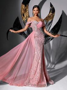Women's Fairy-Style Pink Sequin Beaded Off-Shoulder High Slit Fishtail Evening Dress Wedding Spring - Pink - View 6