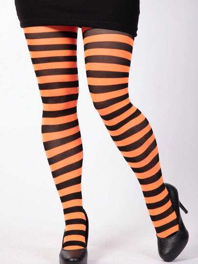 1 件大码女式条纹紧身裤/连裤袜，大码塑身袜/打底裤，适合万圣节派对
