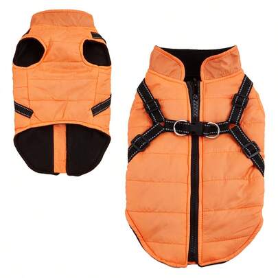 1pc Waterproof Windproof Warm Pet Jacket With Zipper Closure And Reflective Strip Chest Harness, Outdoor Coat For Cats And Dogs, Autumn/Winter