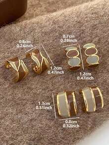 3 Pairs Minimalist Elegant Vintage French Chic Asymmetrical Drip Oil Geometric Design Sophisticated Mini Earrings Set, Suitable For Daily Wear, Commute, Casual, Autumn/Winter - Brown - View 5