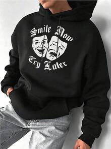 Men's Black Hoodie Sweatshirt With Smile Now Cry Later And Comedy/Tragedy Masks Graphic Print Casual Fashion Pullover - màu đen - Xem 1