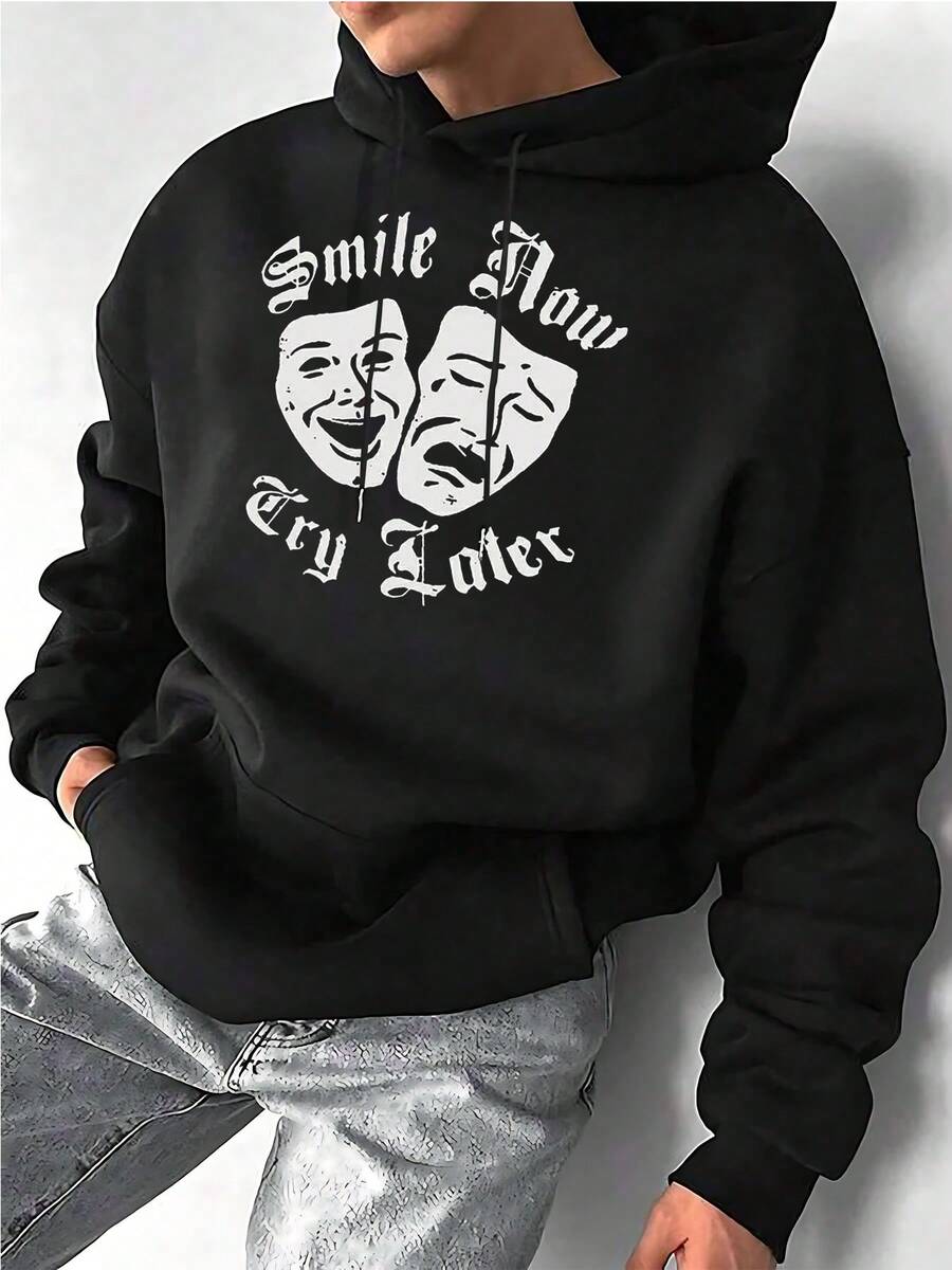 Men's Black Hoodie Sweatshirt With Smile Now Cry Later And Comedy/Tragedy Masks Graphic Print Casual Fashion Pullover - màu đen - Xem 1