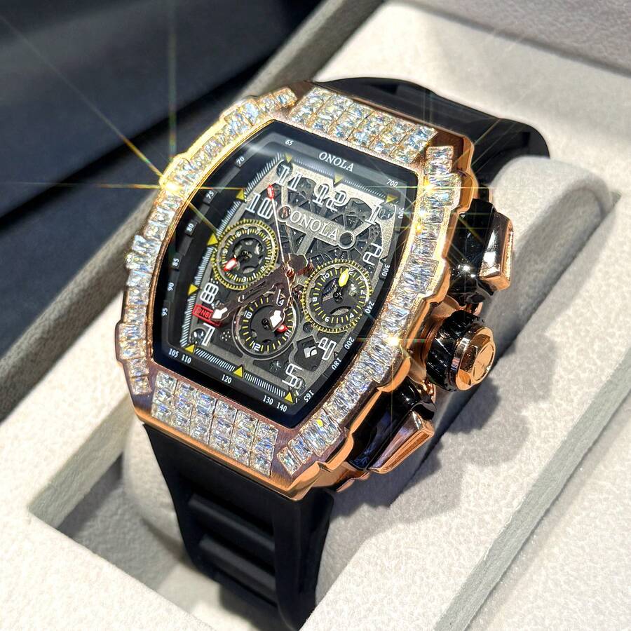 ONOLA-6826F Men's Wine Barrel Multi Functional Mechanical Automatic Watch Rubber Strap Fashion Sports ICE Diamond Watch - 白色 - 查看 1