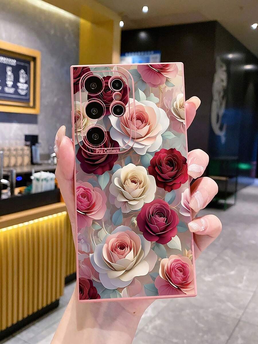 1 件奢华花卉相机保护手机壳，适用于三星/Galaxy/Infinix/Redmi/OPPO/VIVO/Realme Android 型号 - 粉色 - 查看 1