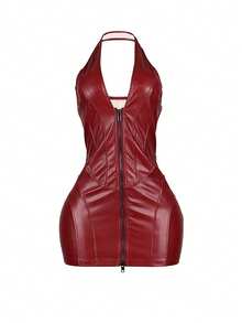 Đầm mini nữ mùa hè cổ yếm gợi cảm, táo bạo, phong cách avant-garde, khóa kéo eo, chất liệu da PU ôm sát, thích hợp cho tiệc đêm mùa xuân thanh lịch. - Màu Đỏ Sâu - Xem 7