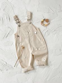 Baby Girls' Casual All-Over Embroidered Floral Light Blue Suspender Pants, Summer - Apricot - View 9