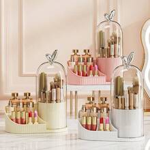 1 cutie de depozitare pentru machiaj, rotativă la 360°, rezistentă la praf, suport organizator de masă de mare capacitate, potrivit pentru toaletă, birou, cămin, birou, casă (alb/galben/roz)