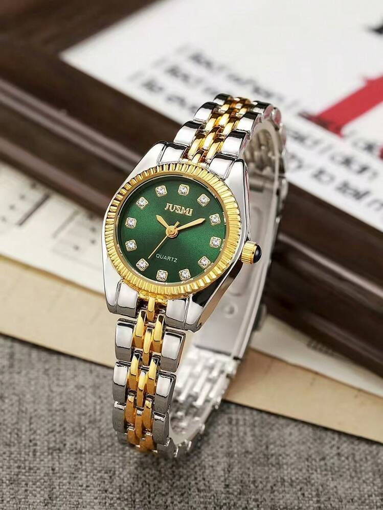 （女孩）简约高颜值时尚水钻圆点刻度表盘钢带石英表，适合生日礼物，光棍节 1 件/套 - 綠色 - 查看 6