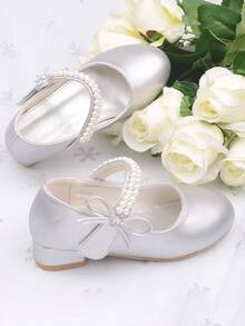 女童珍珠公主鞋，白色皮鞋，中跟，春秋 - 灰色 - 查看 5