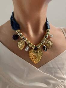 Monlansher 女士时尚多元素多吊坠项链，轻盈奢华高端质感，适合日常、派对、休闲、节日穿着，不锈钢吊坠项链 - 愛心多吊墜 - 查看 12