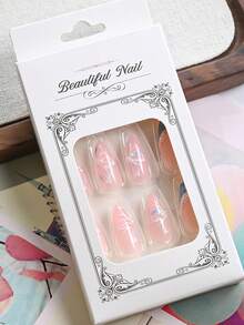 24片/盒珍珠裸色法式水滴美甲贴纸，带蝴蝶结装饰，内含1瓶果冻胶和1把指甲锉，适合女性和女孩使用。