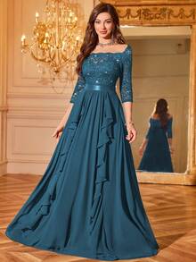 MIUSOL Sequin Floral Lace Boat Neck 3/4 Sleeve Chiffon Ruffle Trim Pleated Hem Formal Party Maxi Dress