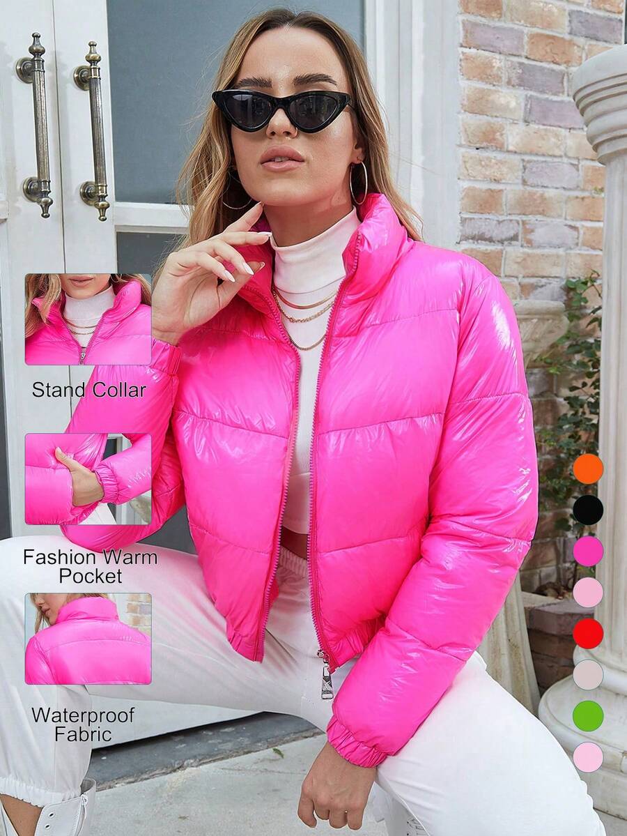 ZIAI Neon Pink Elastic Hem Slant Pocket Zipper Padded Coat
