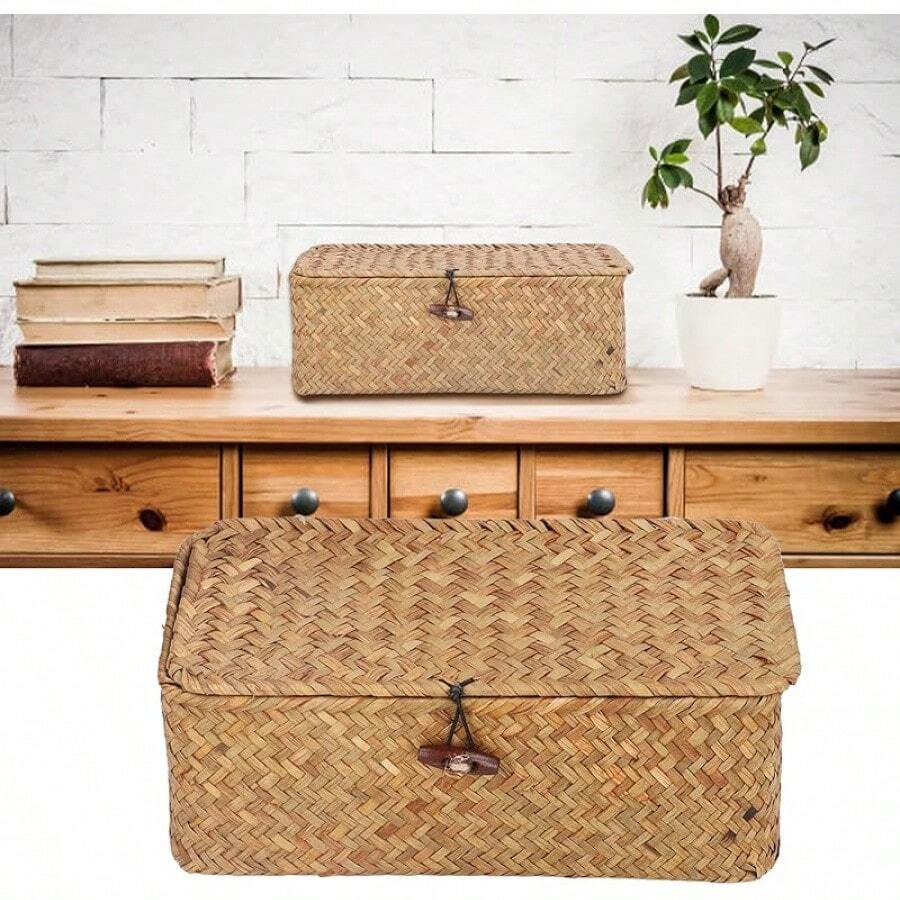 Cesta de Almacenamiento de Algas Marinas Naturales, Estante Rectangular Tejido, Cestas con Tapas, Organizador de Escritorio Tejido a Mano (L) - CH - Ver 1