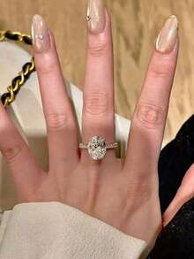 奢华欧美四爪仿莫桑石钻石戒指，椭圆形鸽蛋形，女士 - 彩色 - 查看 1