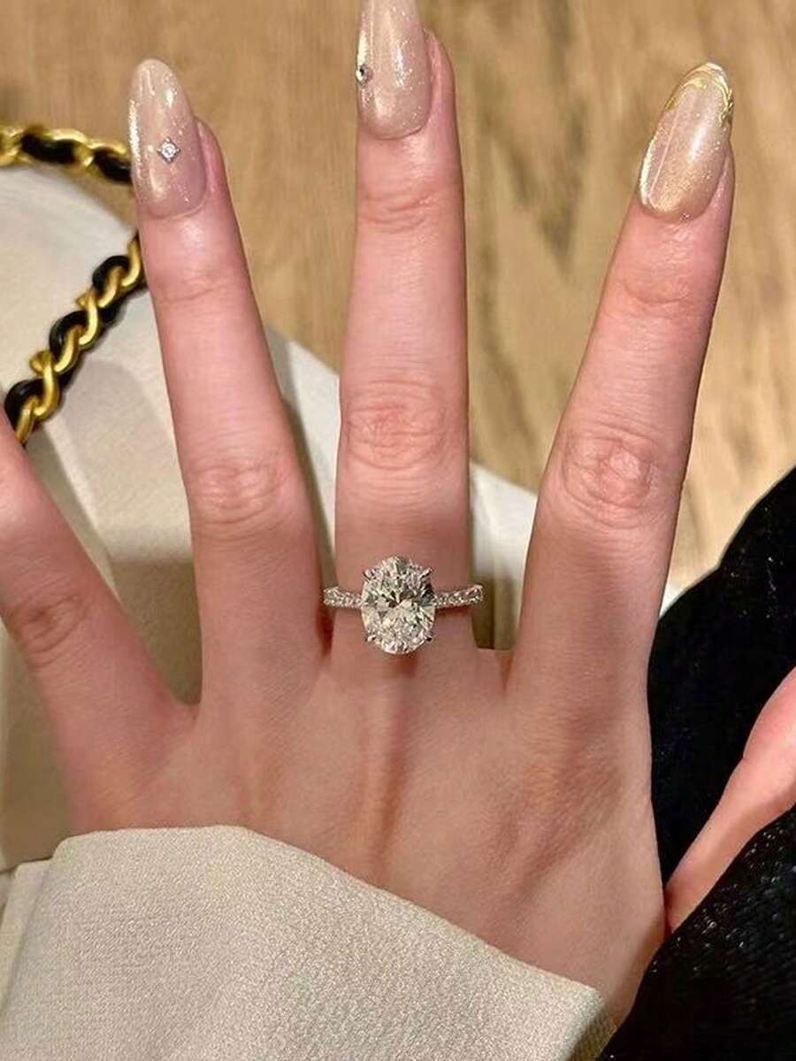 奢华欧美四爪仿莫桑石钻石戒指，椭圆形鸽蛋形，女士 - 彩色 - 查看 1