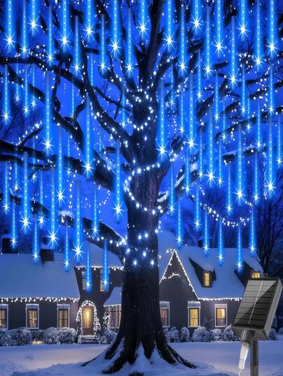 1PC Solar Meteor Tube Light String| Christmas Lights Outdoor, Meteor Shower Lights Falling Star 8 Tubes ( 11.81inch/17.72inch)Icicle Snow Falling Raindrop For Xmas Tree Halloween Party Decoration, Suitable For Decorating Houses, Trees, Festivals, Parties, And Weddings (White, Warm White, Colored, Blue)