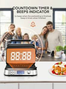 1600W Belgian Waffle Maker, Double Waffle Maker With LED Display, 5 Different Programmes, 7 Browning Controls, Countdown Timer, Audible Alerts, Stainless Steel (Silver) - UK Plug(220-240V) - View 4